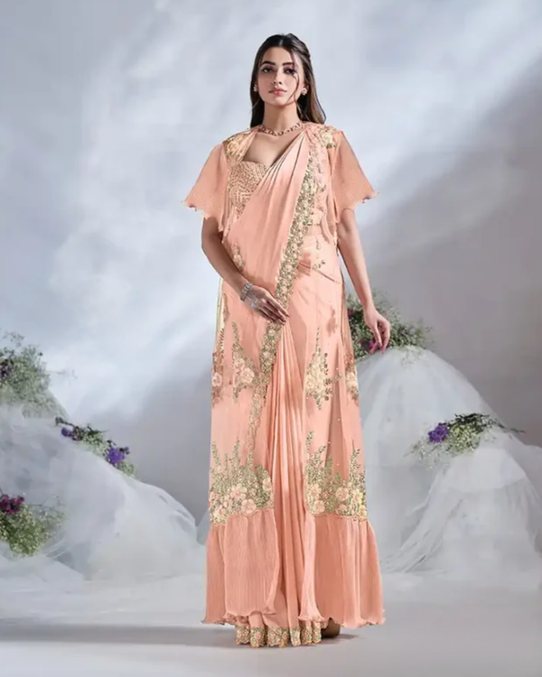 Peach Ready-to-Wear Crape Satin Silk Saree with Embroidered Shrug