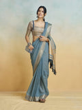 Dusty Blue Khadi Silk Saree with Golden Zari Border & Tassel Pallu