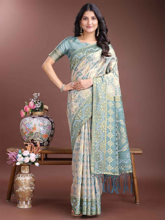Elegant Sea Green & Beige Linen Cotton Saree with Blouse