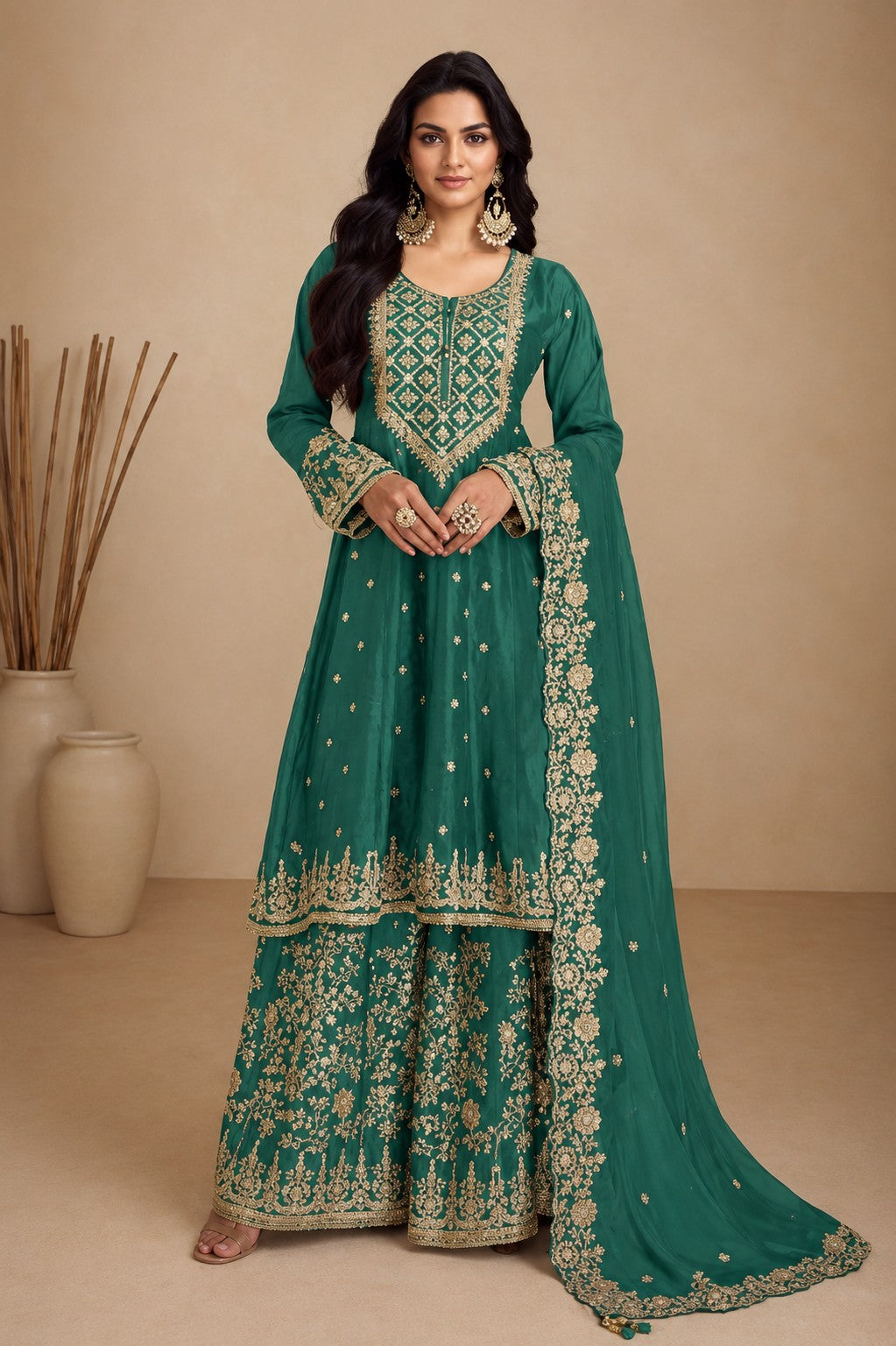 Teal Green Embroidered Real Chinon Silk Palazzo Set