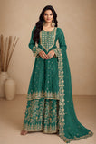 Teal Green Embroidered Real Chinon Silk Palazzo Set