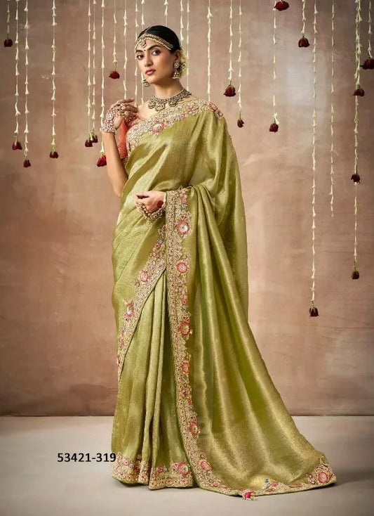 Elegant Olive Green Tissue Dola Silk Saree - Elegant & Stylish | Fashionpur