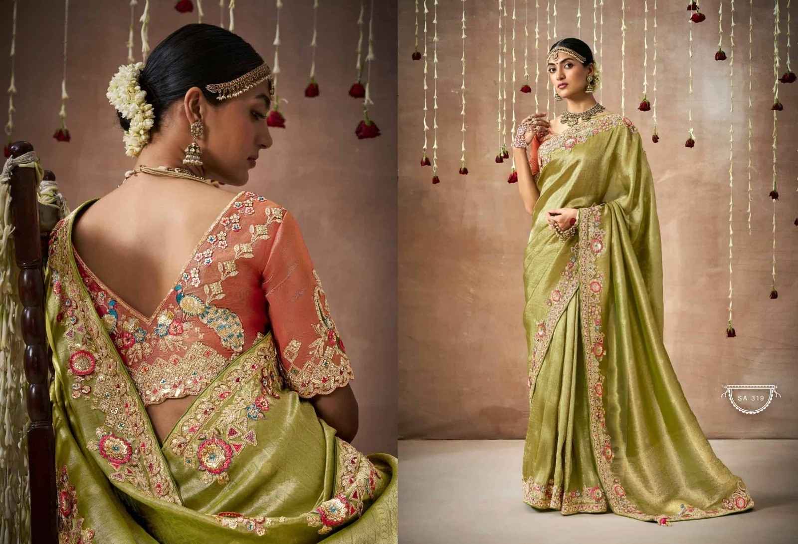 Elegant Olive Green Tissue Dola Silk Saree - Elegant & Stylish | Fashionpur