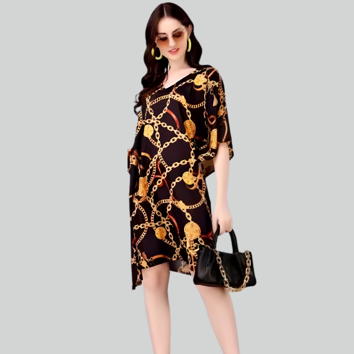 Black & Gold Women’s Kaftan Dress with Chain Print