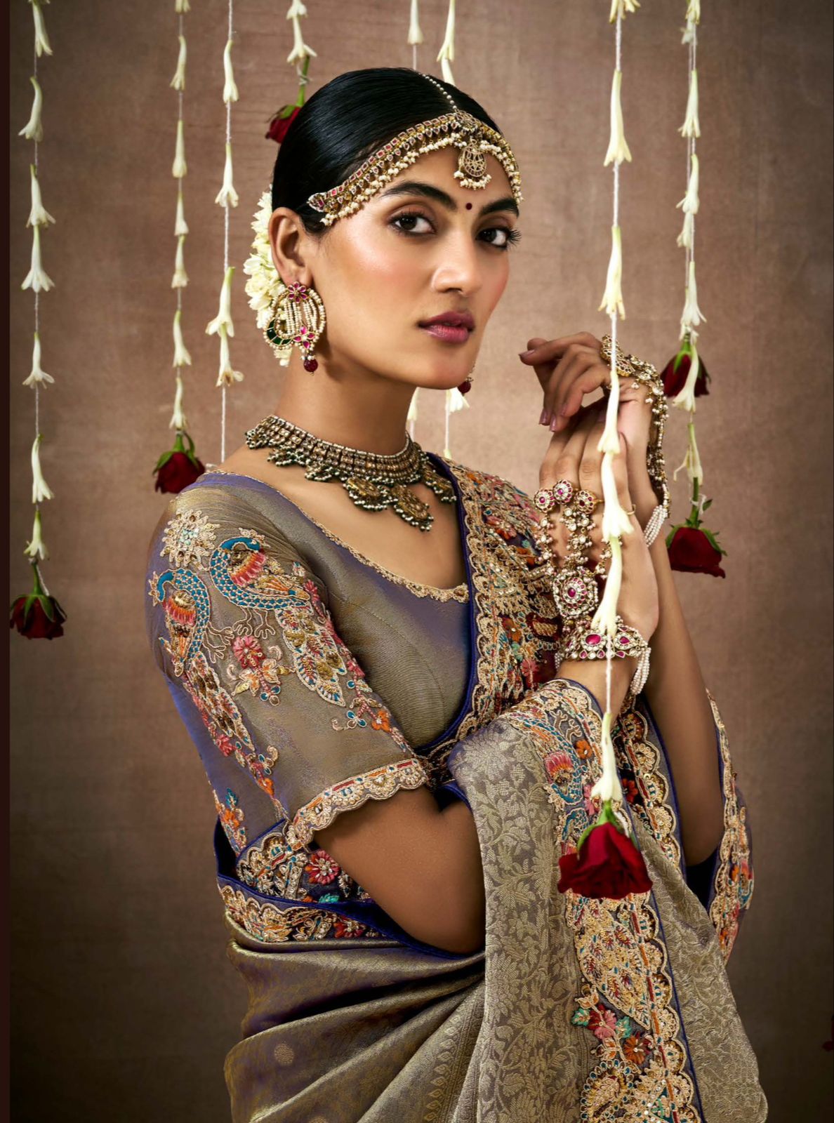 Regal Antique Gold & Purple Tissue Dola Silk Saree