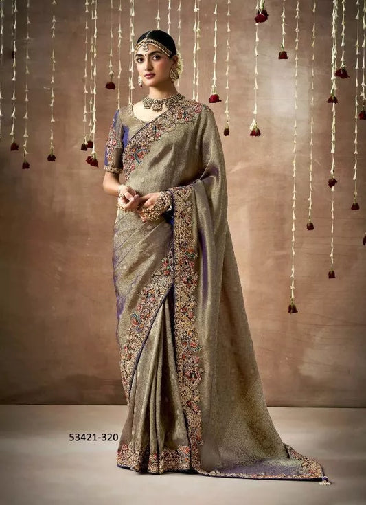Regal Antique Gold & Purple Tissue Dola Silk Saree