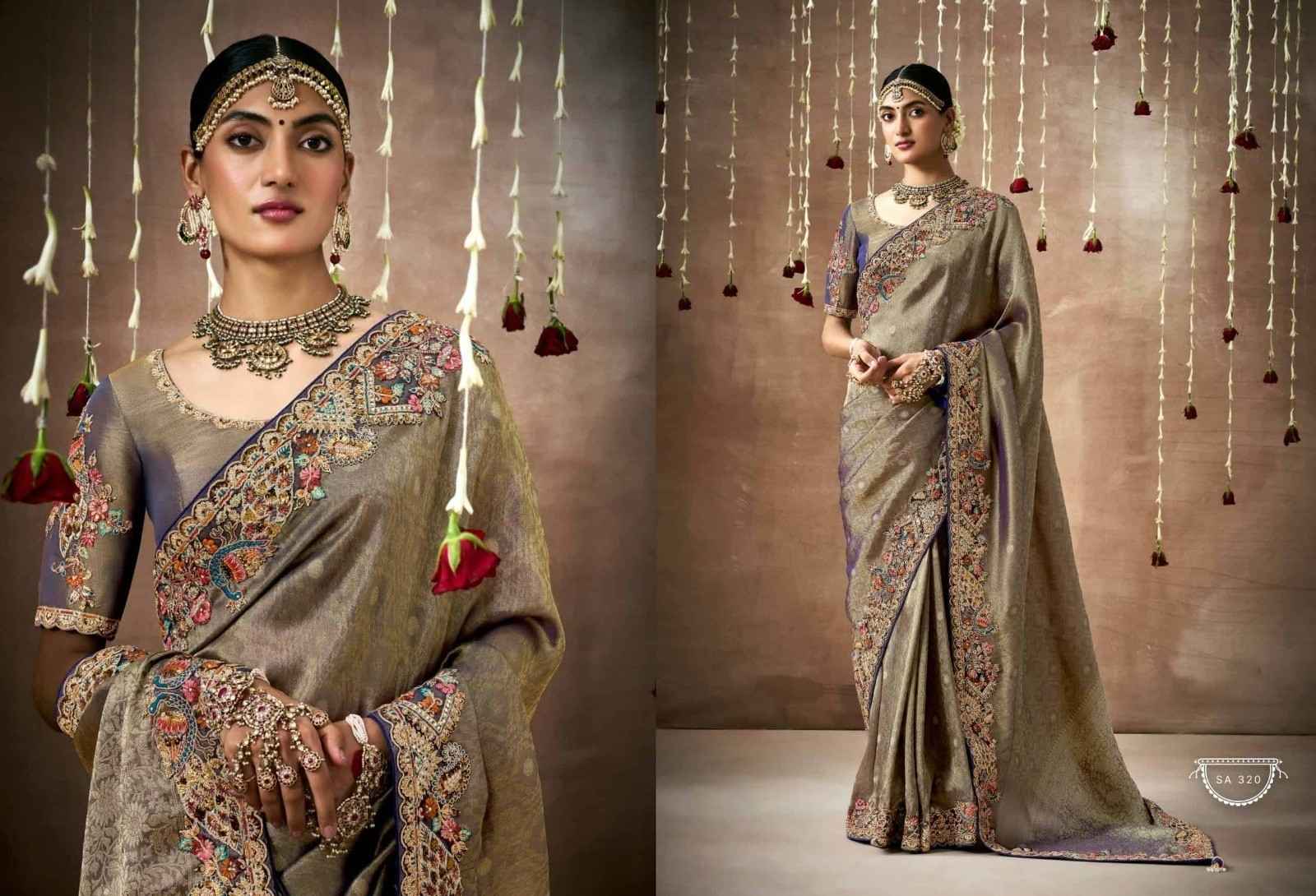 Regal Antique Gold & Purple Tissue Dola Silk Saree