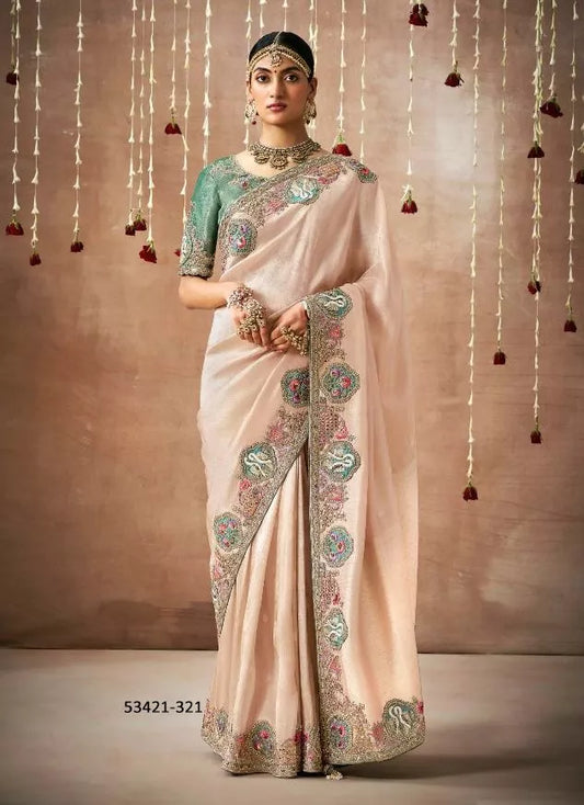 Graceful Blush Pink Tissue Dola Silk Saree