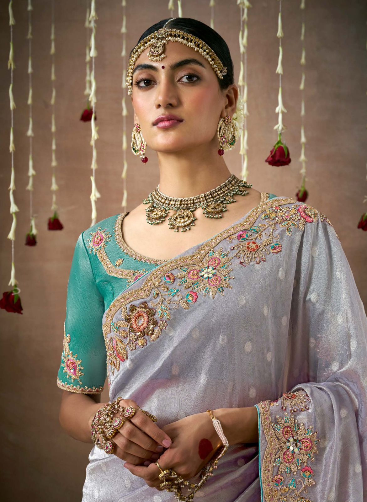 Ethereal Silver Tissue Dola Silk Saree