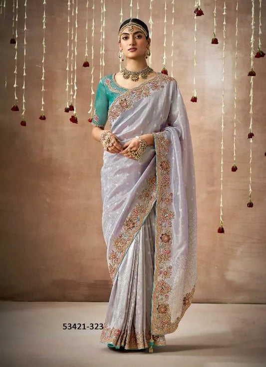 Ethereal Silver Tissue Dola Silk Saree