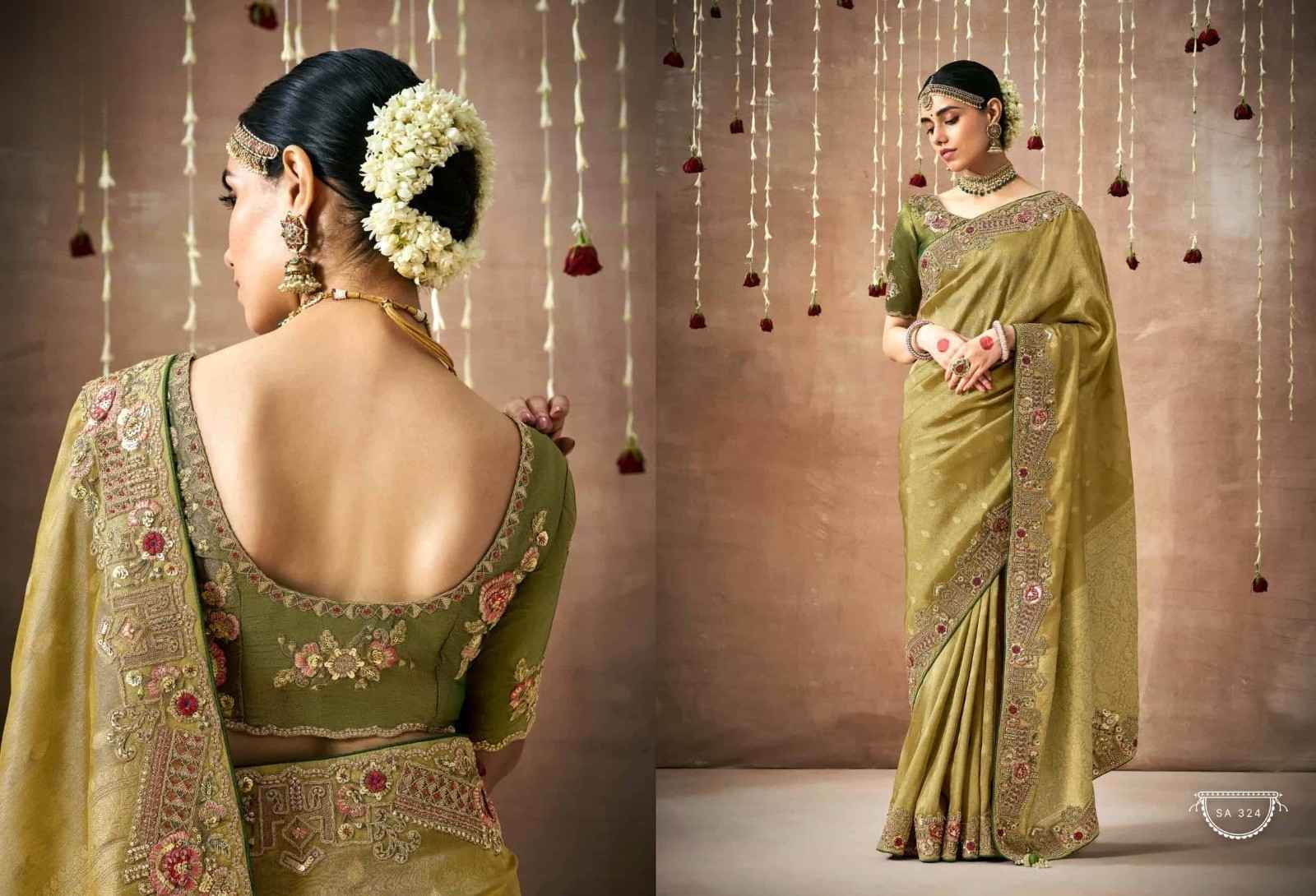 Royal Olive Green Tissue Dola Silk Saree