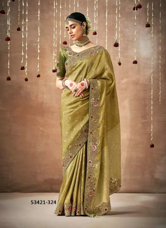 Royal Olive Green Tissue Dola Silk Saree