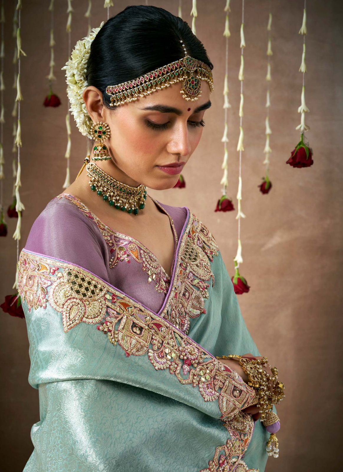 Elegant Ice Blue & Lavender Tissue Dola Silk Saree