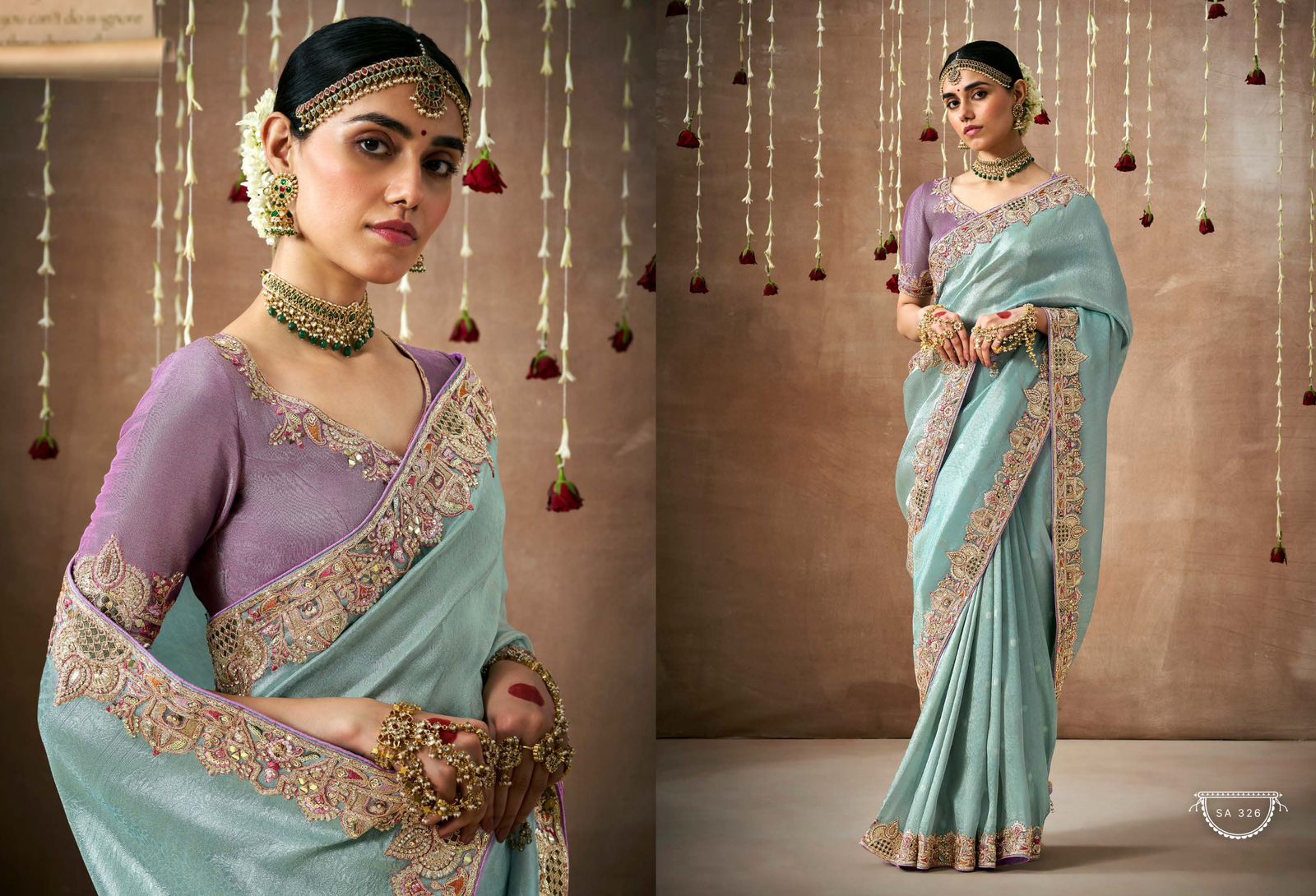 Elegant Ice Blue & Lavender Tissue Dola Silk Saree