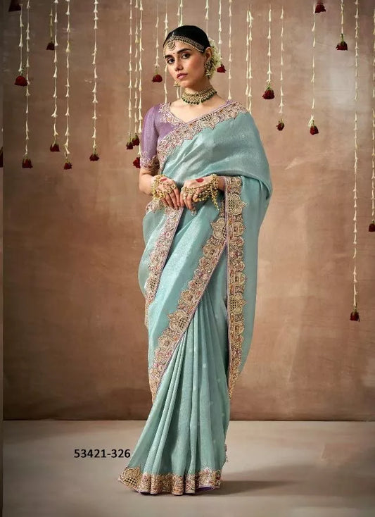 Elegant Ice Blue & Lavender Tissue Dola Silk Saree