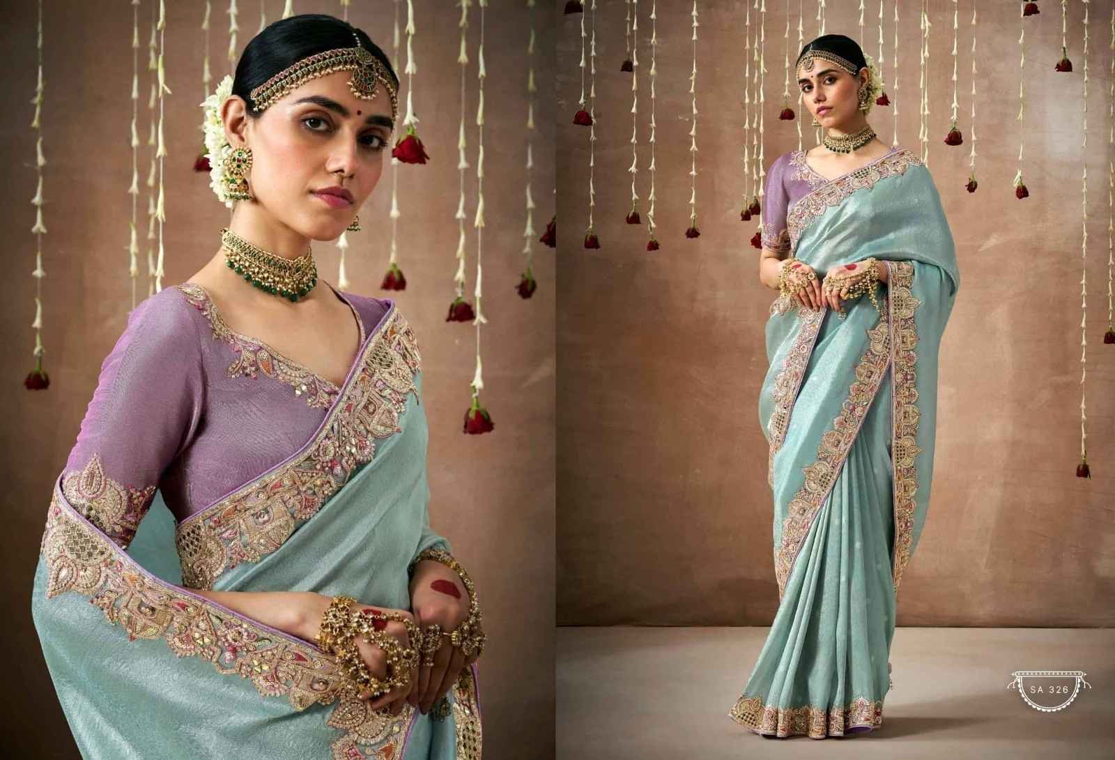 Elegant Ice Blue & Lavender Tissue Dola Silk Saree