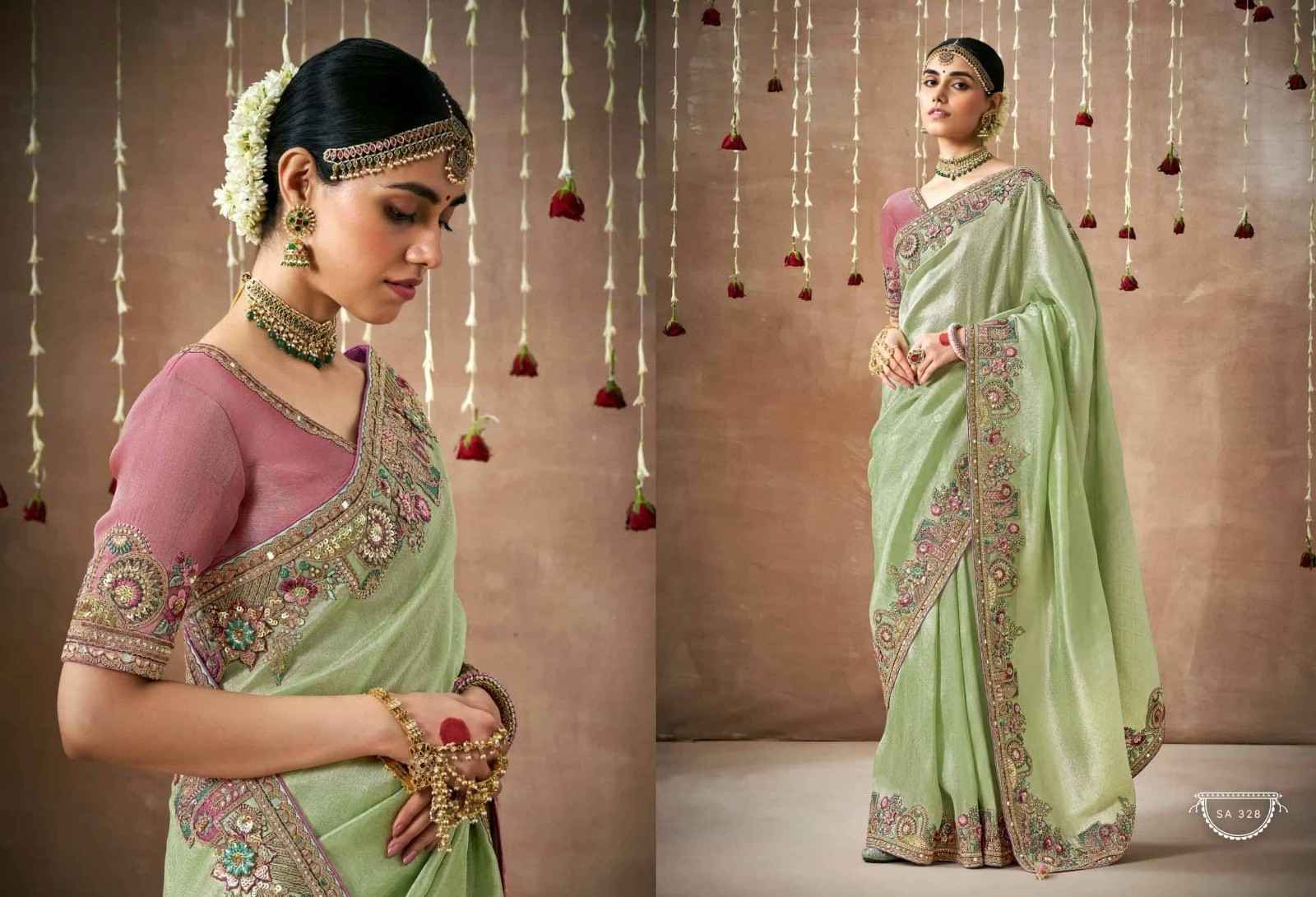 Ethereal Pistachio Green Tissue Dola Silk Saree