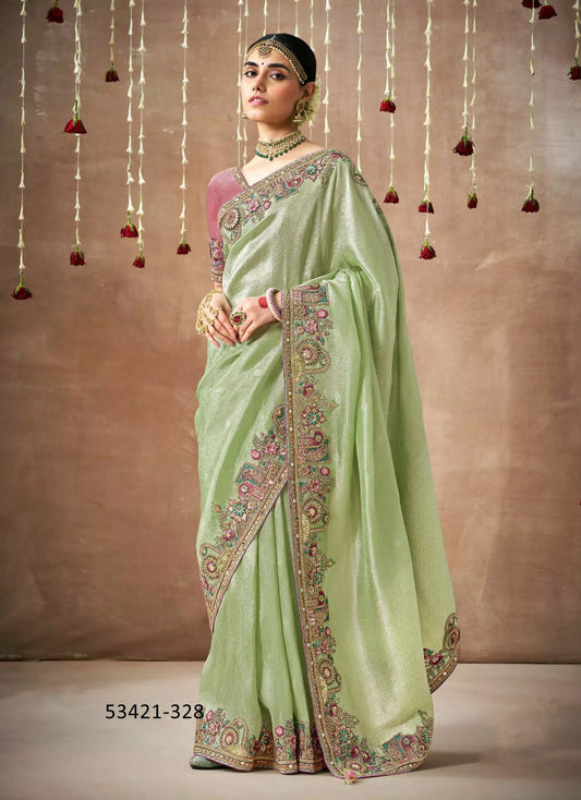 Ethereal Pistachio Green Tissue Dola Silk Saree