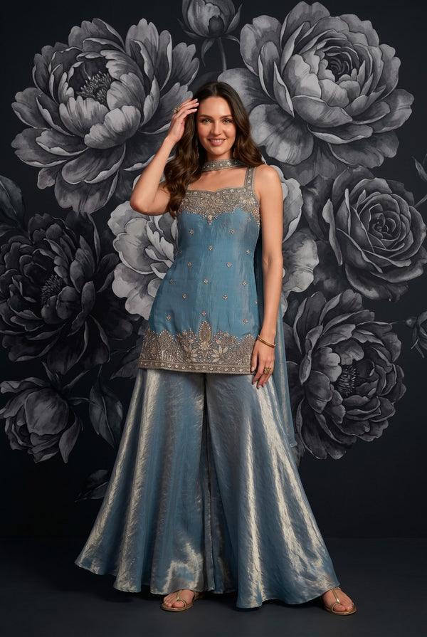 Dusty Blue Designer Embroidered Palazzo Set