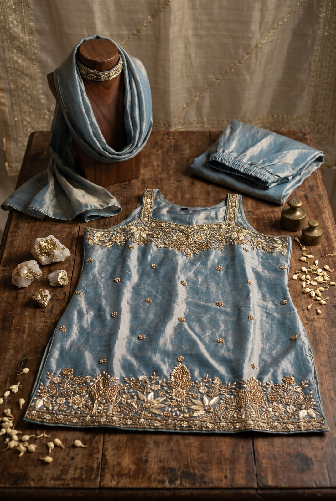 Dusty Blue Designer Embroidered Palazzo Set