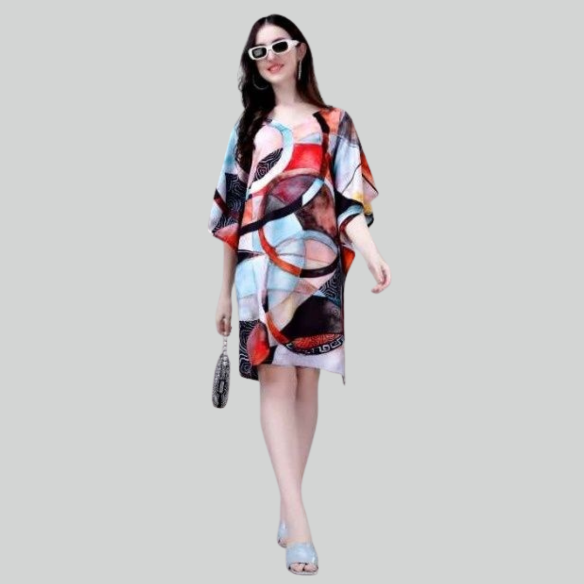 Multicolor Abstract Print Kaftan Dress – Short Party Wear