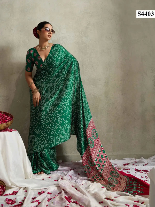 Green Printed Bandhani Satin Saree with Contrast Pallu