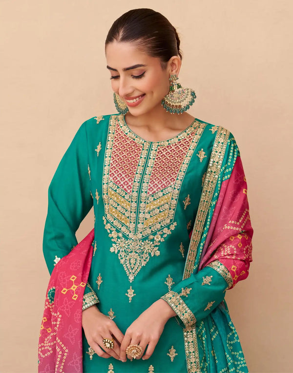 Teal Green Chinon Silk Embroidered Palazzo Suit with Digital Print Dupatta