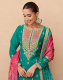 Teal Green Chinon Silk Embroidered Palazzo Suit with Digital Print Dupatta