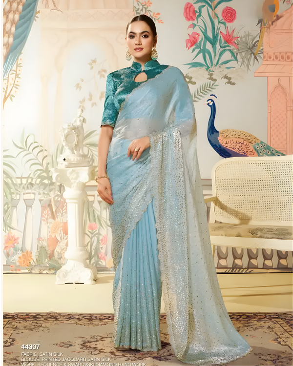 Sky Blue Satin Silk Party Wear Saree with Teal Jacquard Blouse