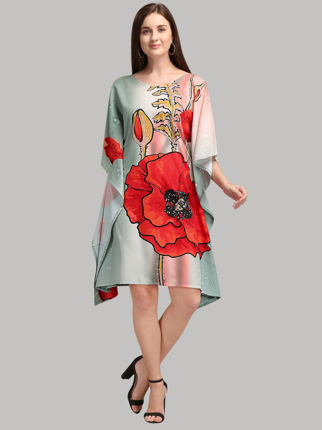 Sage Green Women’s Kaftan Dress with Floral Print
