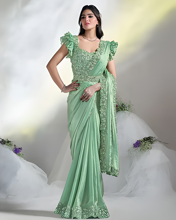 Light Green Ready-to-Wear Satin Silk Saree with Embroidered Blouse