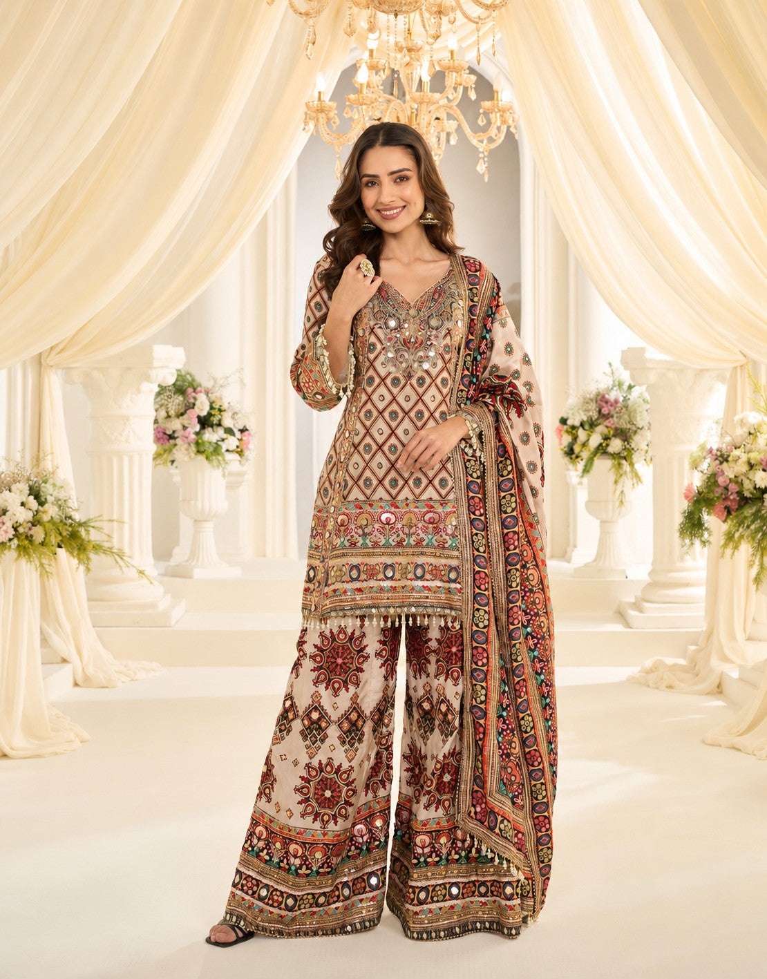 Cream Printed Premium Natural Crepe Silk Palazzo Set