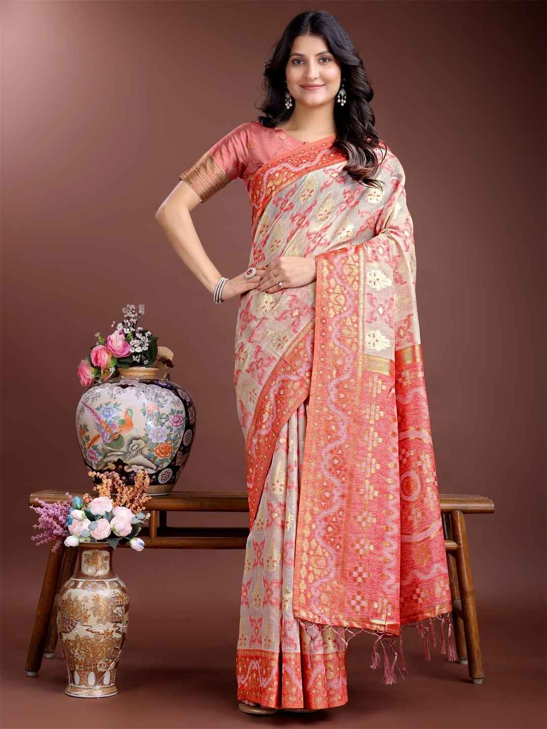 Coral Orange & Beige Linen Cotton Saree with Blouse Piece