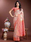 Coral Orange & Beige Linen Cotton Saree with Blouse Piece