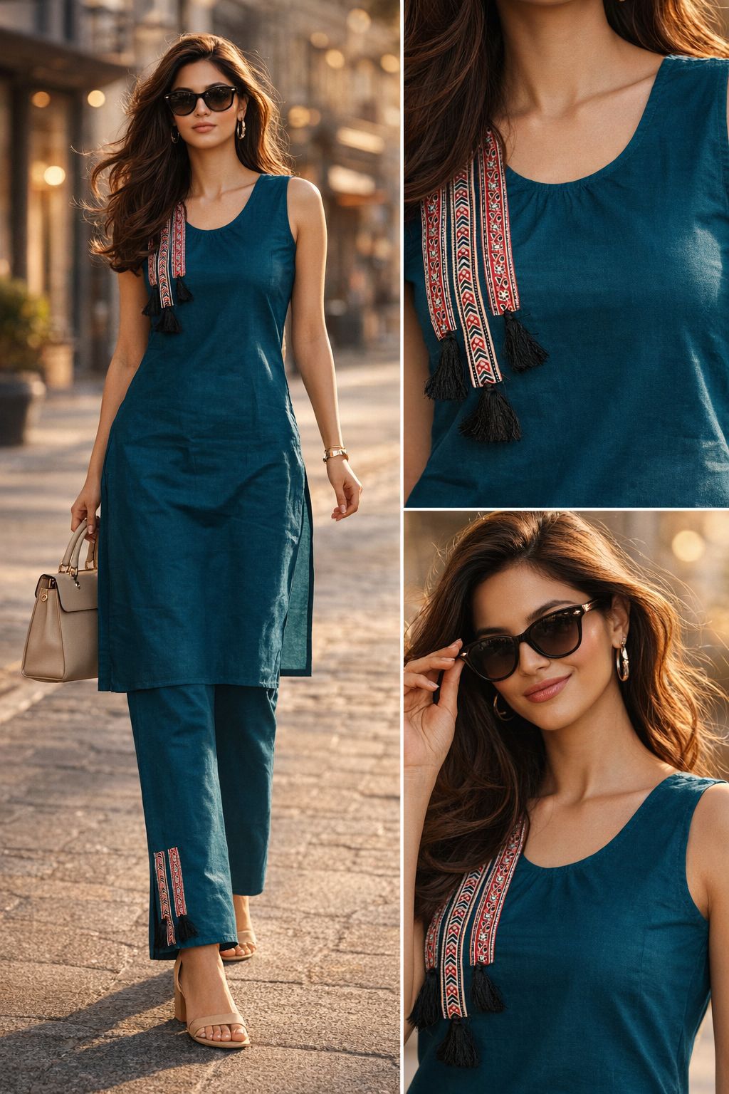 Teal Dhaboo Cotton Kurti with Pant Set