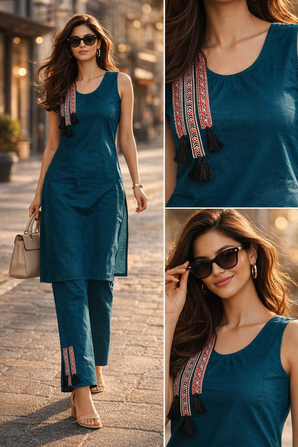Teal Dhaboo Cotton Kurti with Pant Set