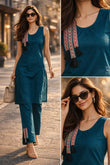 Teal Dhaboo Cotton Kurti with Pant Set