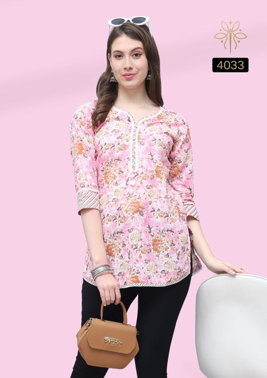Pink Floral Print Cotton Kurti with Lace Detail