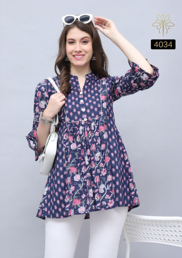 Navy Blue Floral Peplum Cotton Kurti with Tassels