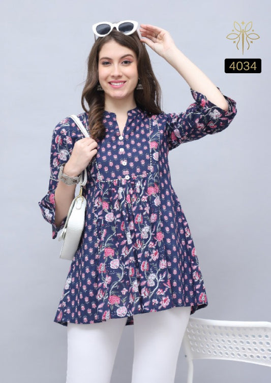 Navy Blue Floral Peplum Cotton Kurti with Tassels