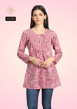 Pink Leaf Print Cotton Short Kurti with Gathered Neckline