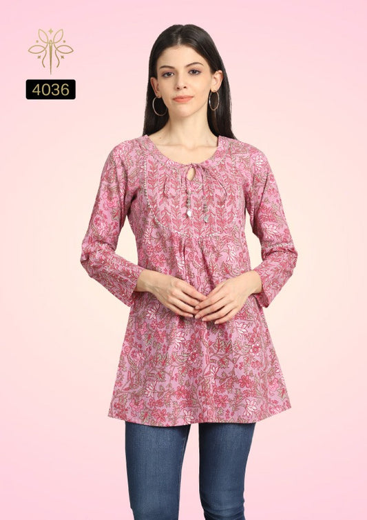 Pink Leaf Print Cotton Short Kurti with Gathered Neckline