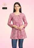 Pink Leaf Print Cotton Short Kurti with Gathered Neckline