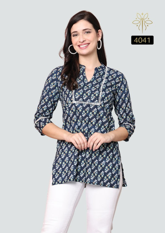 Navy Blue Floral Print Cotton Short Kurti with White Lace Detail