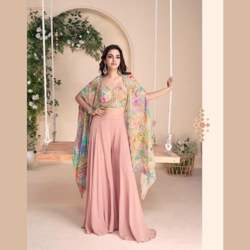 Blush Pink Indo Western Chinon Silk Dress with Shrug Set