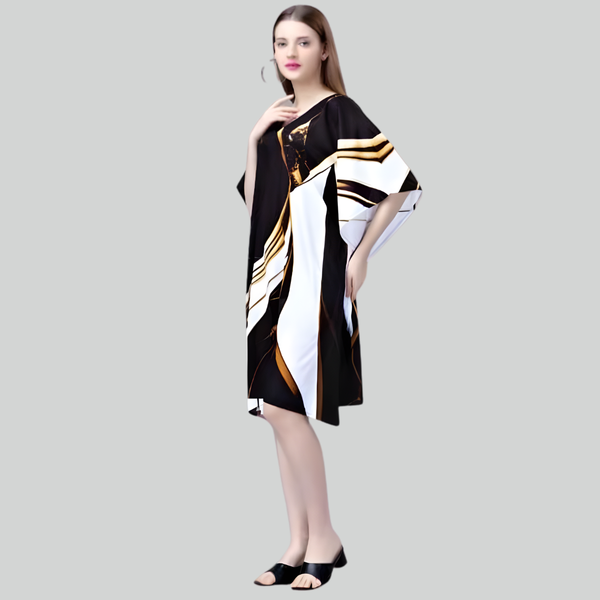 Black & White Abstract Kaftan Dress with Gold Print