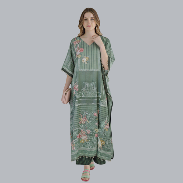 Elegant Olive Green Kaftan Suit Set