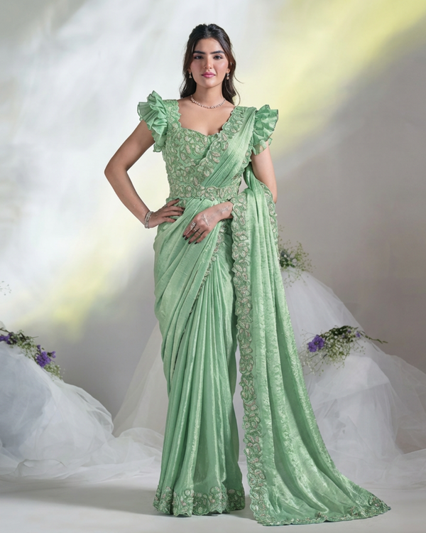 Light Green Ready-to-Wear Satin Silk Saree with Embroidered Blouse