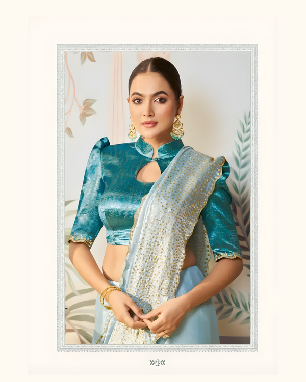 Sky Blue Satin Silk Party Wear Saree with Teal Jacquard Blouse