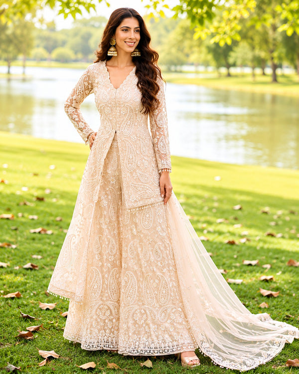Ivory Beaded Premium Net Palazzo Set